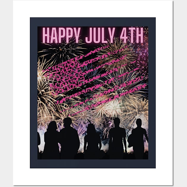 Happy July 4th Fireworks (silhouettes + pink flag) Wall Art by PersianFMts